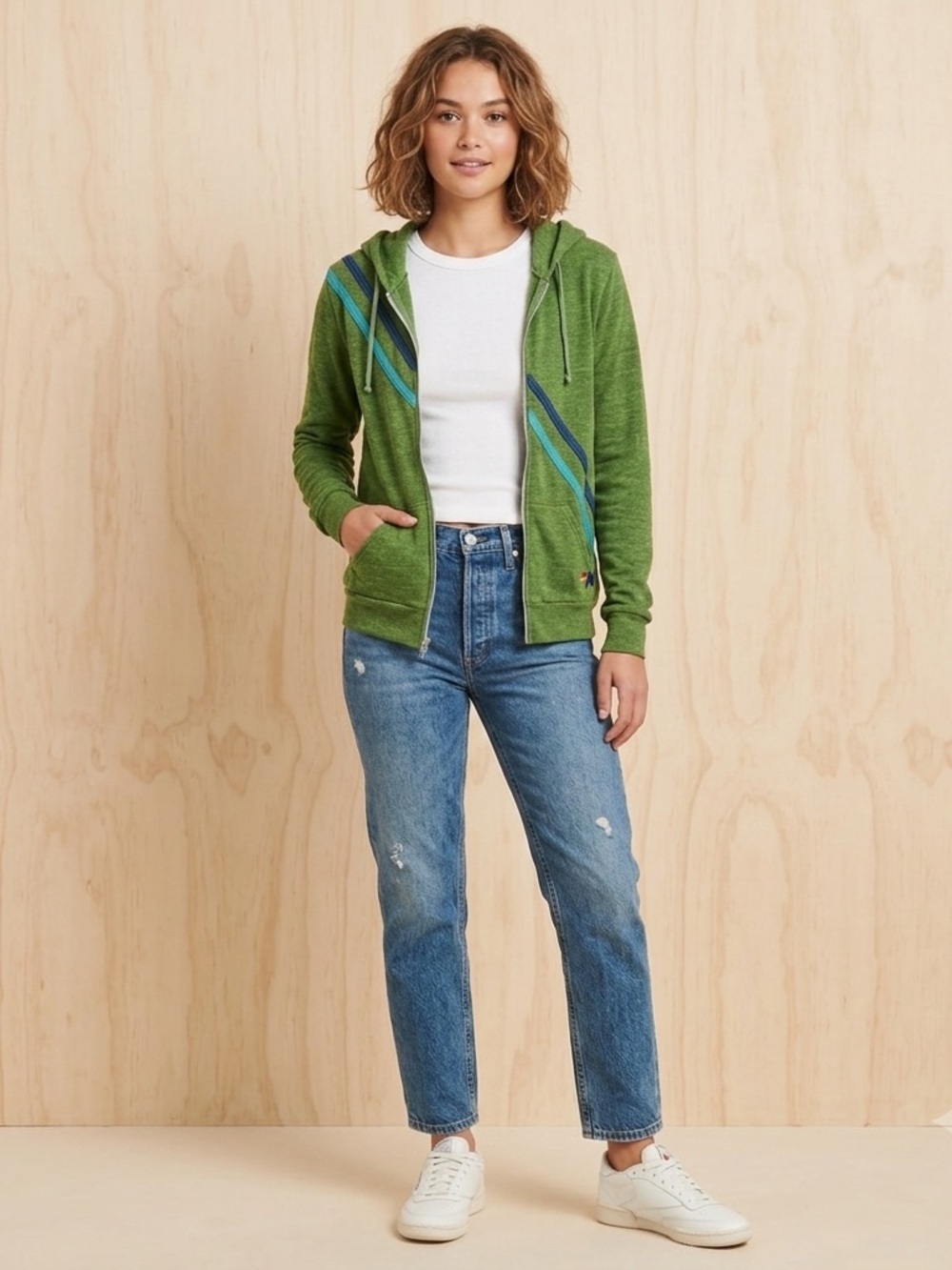 Aviator Nation Women's Size S Green Zip Up Hoodie Stripe Logo Sweatshirt